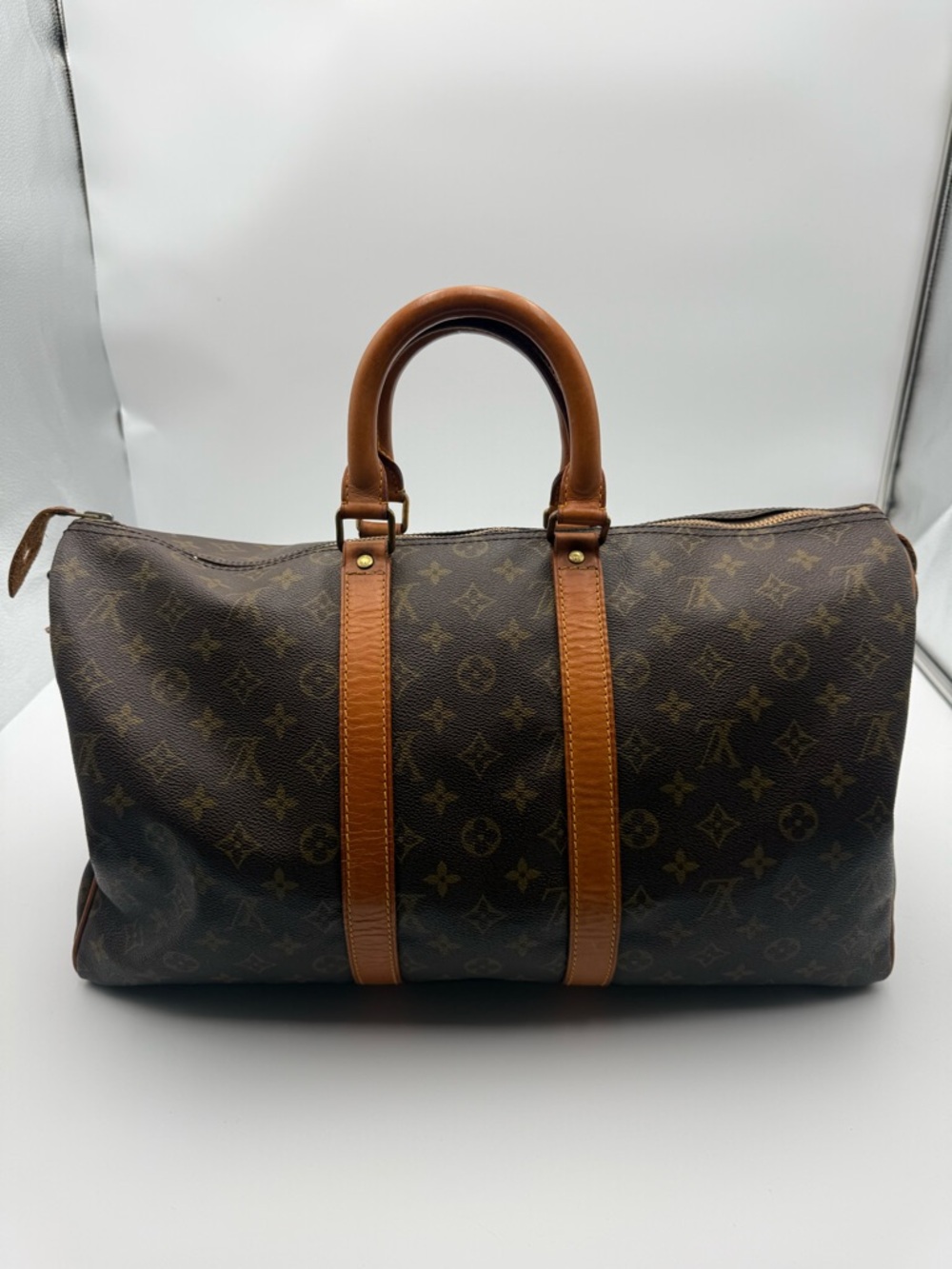 Louis Vuitton Brown Monogram Canvas Travel Bag with Tan Leather Trim vintage